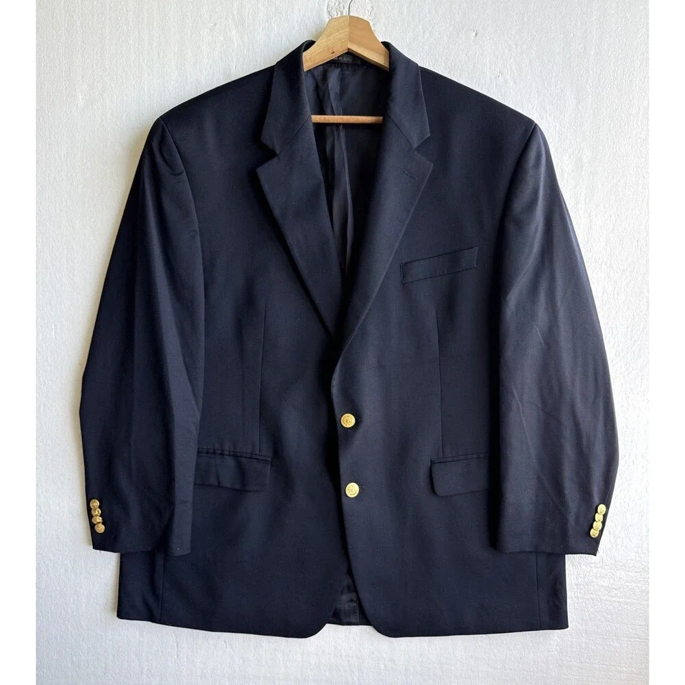 Lauren Ralph Lauren Mens 46R Navy Blue Wool Blazer Sport Coat Gold Crest Buttons